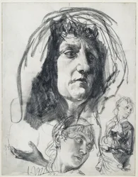 Head of an Older Woman with Cloth, Studies of a Younger Woman with Hat. Model Studies for "Piazza d