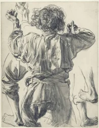 Lorenzo Cocozza, seen from behind with arms outstretched, and details. Figure study for “Piazza d
