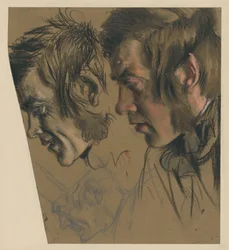 Male head with sideburns, bent forward; left: smaller repetition, below: the same with a cap