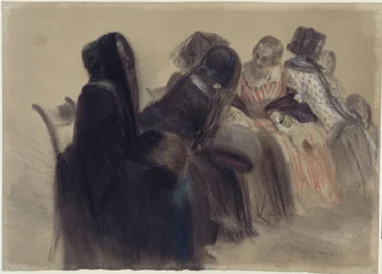 Musical Soirée, Six Ladies Sitting on Chairs in a Row Leading into Depth, Partly in Conversation