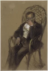 Smoking Gentleman with Glasses Sitting in a Wicker Chair