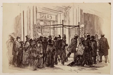 Theater Box Office, the Buyers Press from the Right toward the Illuminated Box Office and Depart to the Left, for Heinrich von Kleist