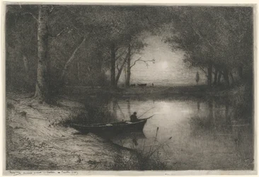 Fisherman in a Canoe, on the Bank of a River