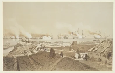 Bombardment of Kil-Bouroun at the mouth of the River Dnieper by the French fleet, from Nos Souvenirs de Kil-Bouroun pendant LHiver passe dans Le Liman du Dnieper, 1855-56, engraved by Eugene Ciceri