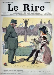 A soldier and a prostitute in the gardens - why did you get cold legs? - Yes, old man, like you in Crimee, I caught on my way this winter to the North Pole, and I warm my poor legs to the good sun of everyone! - drawing by Adolphe Willette for Le Rire