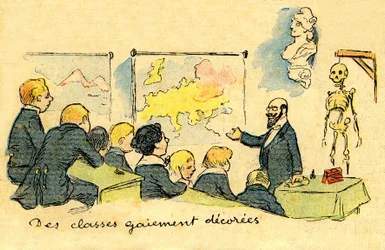 Classroom Teacher in Front of Schoolers in Uniform, in a Cheerfully Decorated Room in 1900