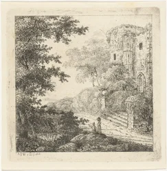 Landscape with figures by castle ruins