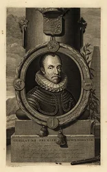 William I, Prince of Orange, William the Silent or William the Taciturn. In suit of armour with lace ruff, coat of arms above, flintlock pistol and lead shot below