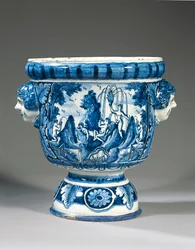 Delft Blue and White Two-Handled Mythological Pedestal Garden Urn