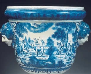 Reverse detail of large Delft blue and white mythological garden urn in the Baroque style