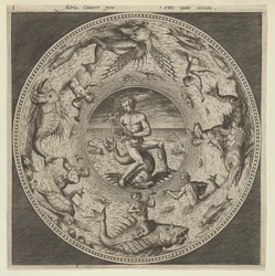 Design for a Plate with Arion Riding a Dolphin in a Medallion Bordered by Sea Monsters, c1600