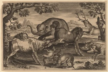 Lion, Bull, Fox, Wolf, Dog, Boar, Goat, Horse, Elephant and Deer
