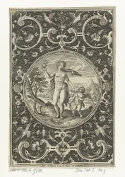 Medallion with Venus and Amor in a Frame of Grotesques with Flowers, Garlands, Animals, and Mascarons (Medallions with Figures from the Judgment of Paris)