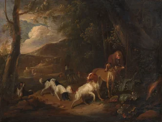 Hunter with Hounds at the Edge of a Wood