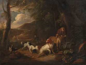 Hunter with Hounds at the Edge of a Wood