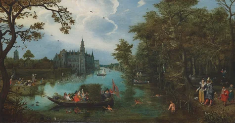 Summer Landscape with Boating Party and Bathers