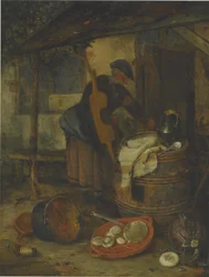 A Maid by a Door with a Barrel and Vegetables
