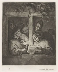 Three men singing from sheet music by candlelight at an open window