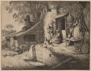 Farmstead with a Peasant Family Outside the Front Door, the Woman Spinning
