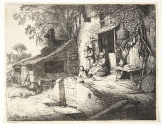 Woman Spinning in Front of a Farmhouse