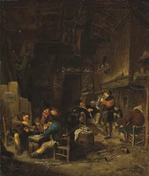 Tavern Interior with Peasants Playing Cards, Smoking and Drinking