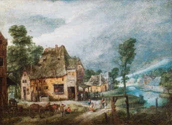 A Village Beside a River with Figures