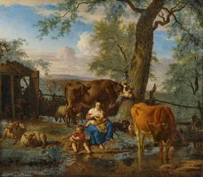 Cattle with Breastfeeding Woman and Child Playing with a Dog