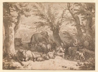 Landscape with shepherd, shepherdess and livestock