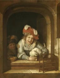 Two Children Playing with a Cat with a Bird in Its Jaws