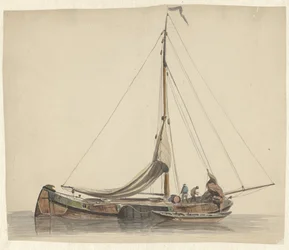 Two Men Working on a Flatboat with Lowered Sails