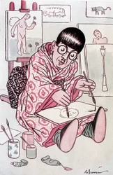 Cartoon showing Tsuguharu Fujita, baptized Leonard Foujita, French painter of Japanese origin. Drawing by Barrere in Fantasio, on 01/04/1927.