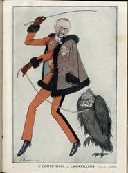 Illustration of A Barrere (1874-1931) in Fantasio, 01/04/15 - Count Tisza or the stuffer - War of 14-18, Austria, Hungary - Eagle, Francois-Joseph 1st of Austria, Tisza Istvan - Animalisation