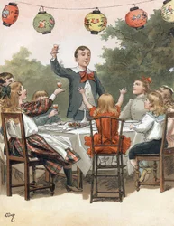 A young boy makes a speech, children clinking glass, illustration by Adrien Marie in the book Tout a la joie by Zari, Emile Guerin publication 1890