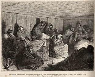 The interior of the van of the military aeronauts of the Loire army, all asleep, attached to the last train leaving Orleans on 5 December 1870, engraving after a drawing by A. Marie illustrating a study on airshipwrecks