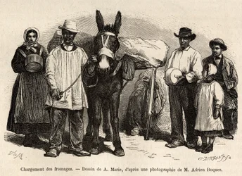 Loading of Cheeses on the Back of a Mule (engraving after a drawing by A. Marie, illustrating a journey to Roquefort and its surroundings by Adrien Roques and Jules Charton, published in 