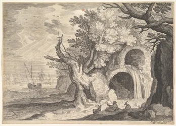 Ruined aqueduct with water spilling from it to a stream below, ships at sea beyond, ca. 1600