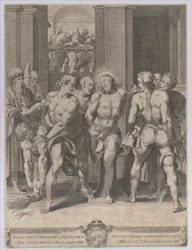 The Flagellation of Christ, with floggers on either side and figures watching from a balcony, 1593