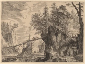 Draughtsman on a Stone before a Bridge