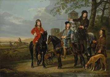 Equestrian Portrait of Cornelis and Michiel Pompe van Meerdervoort with their Tutor and Coachman, Starting for the Hunt