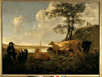 Landscape near Rhenen: grazing cows and shepherd playing flute. Painting by Albert (Aelbert or Aelbrecht) Cuyp (1620-1691)