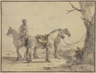 Two Saddled Horses Tied to a Tree, with a Rider