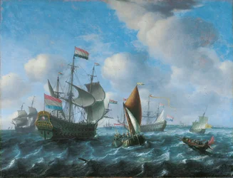 A Man-o-war, Possibly Het Wapen van Utrecht, a Wijdschip and a Spiegelsloep in a Stiff Breeze