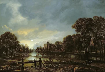 Moonlit River Landscape with Cottages on the Wooded Banks