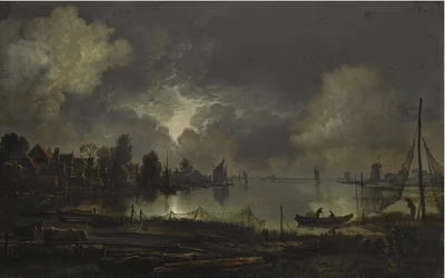 View of a Lakeside Town by Moonlight, with Nettings Hanging Out to Dry