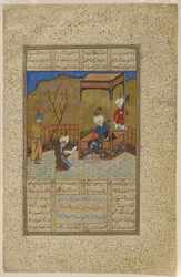 Amir Khusraw presents a book of poetry to Alauddin Khalji