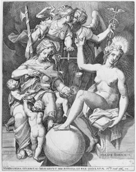 Allegory of the Psalm of David, Misericordia seated to the left feeding four children