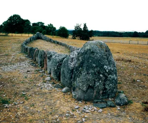 Alignment of stones in the shape of a ship, prehistoric tomb of Gannarve. Bronze Age. Dim 5x29 m Visby, Sweden