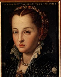 Portrait of Lucrezia de Medici (or Lucrezia di Cosimo de Medici or Lucrezia de Medici) (1545-1561). Painting by Allori Angelo di Cosimo, known as Bronzino (1503-1572) - 16th century, dimensions 15 x 12 cm, Palazzo Medici-Riccardi, Florence