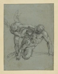 Cupid Overpowering Pan (recto); Head of a Monk; Caricature of a Man in Profile (verso)