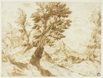 Hilly Landscape with Town in Distance